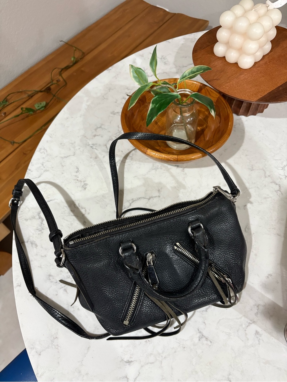 Rebecca Minkoff Black Leather Mini Satchel Crossbody Bag with Silver Hardware